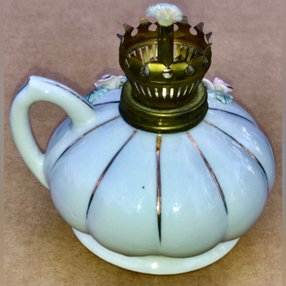 Mid Century Antique Pink Rose Gold Trim Porcelain Finger Loop Oil Lamp JAPAN - Picture 2 of 10